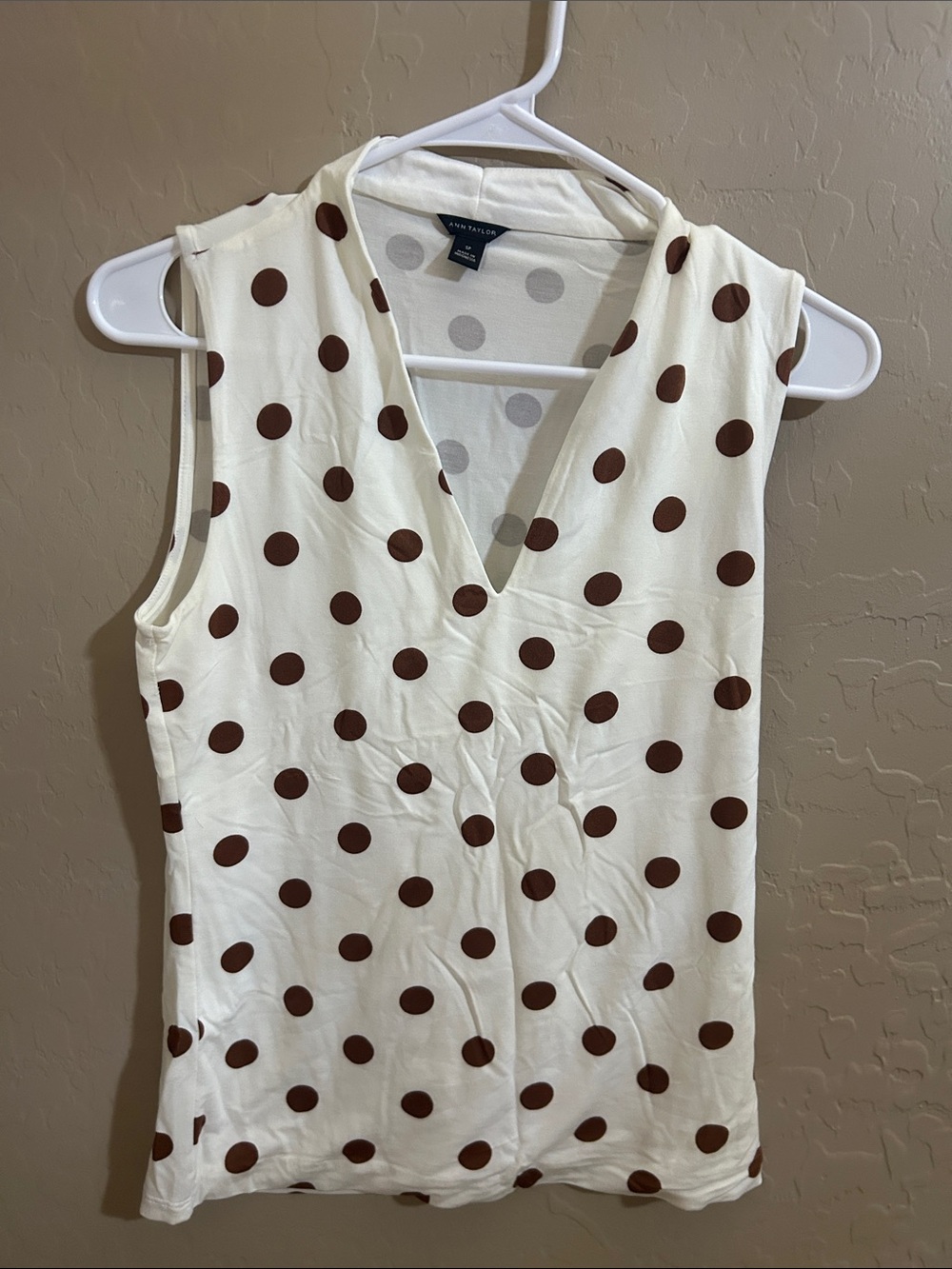 Ann Taylor Cream and Brown Polka Dot V-Neck Sleeveless Top